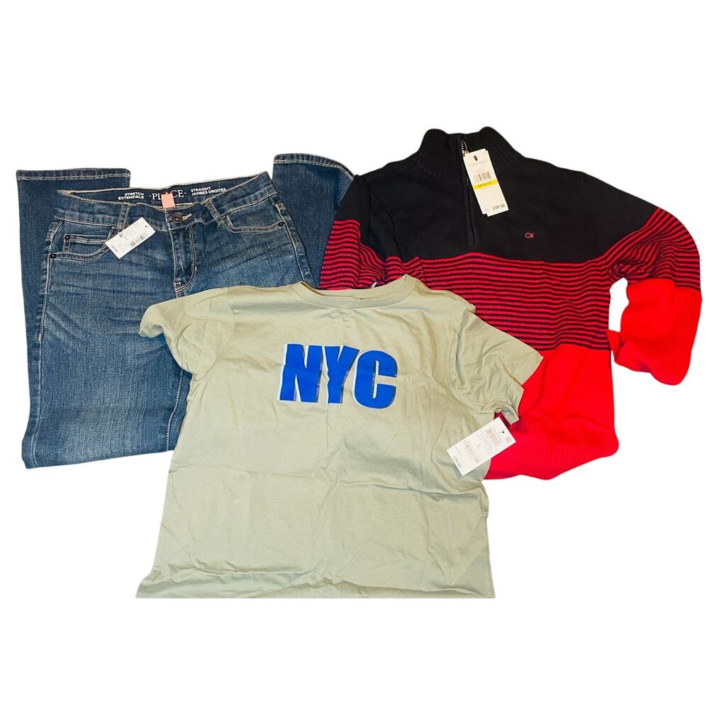 NWT Boys 3 PC Clothing Lot Calvin Klein Children’s Place NYC Jeans Sweater LARGE